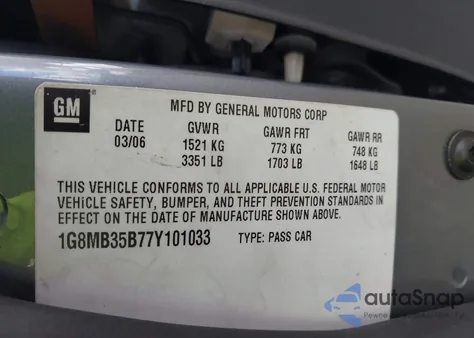 2007 Saturn Sky из США, поврежденный, VIN 1G8MB35B77Y101033